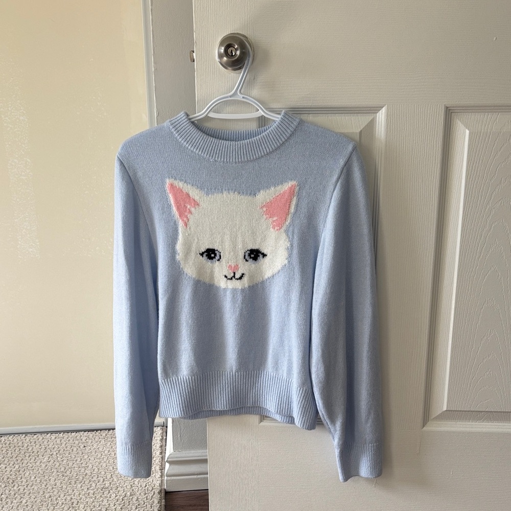 Divided Light Blue Sweater with Cat Design